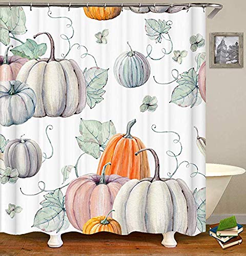 Watertcolor Painting Autumn Pumpkins Shower Curtain, Fall Harvest Pumpkins Green Leaves Painting Art Decorative Bathroom Curtain, 180 x 180 cm