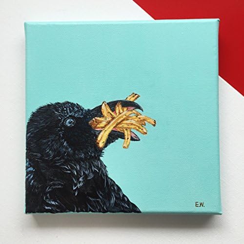 Talk Fries to Me, Raven bird French Fries painting, original animal painting, Turquoise blue painting, animal fine art, 20*20cm