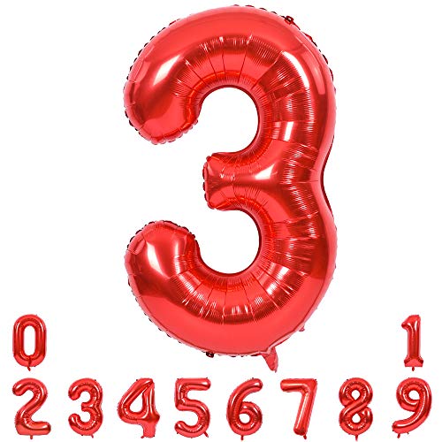 TONIFUL 40 Inch Red Large Numbers Balloons 0-9, Number 3 Digital 3 Helium Balloons, Foil Mylar Big Number Balloons for Birthday Party Anniversary Supplies Decorations