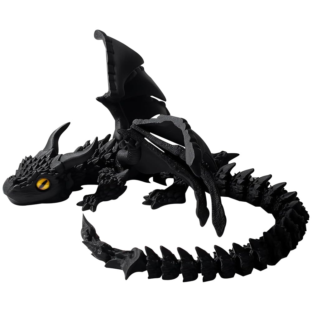 11.8 Inches 3D Printed Dragon Figures with Eyes & Wings, Flexible Articulated 3D Printed Animals Crystal Desktop Dragon Figures, Flexible Poseable Collectible For Desktop Display(Black)