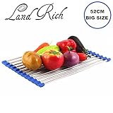 Land Rich Over the Sink Multipurpose 304 Stainless Steel and Silicone Roll-Up Dish Drying Rack (Large, Blue)