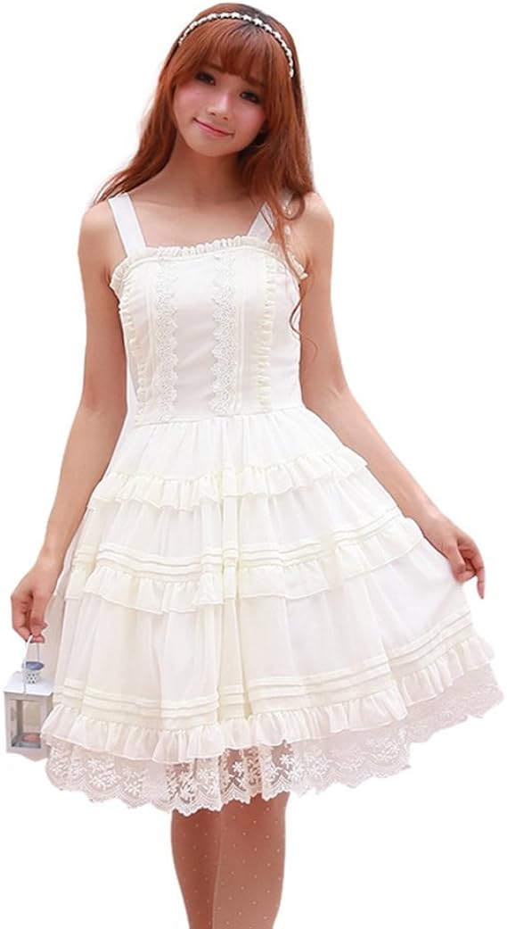 Amazon Co Jp Cosplayitem ギャル系 姫系 シフォン吊り膝丈ワンピース 森ガール レディース ロリータ服 ゴスロリ M 白 服 ファッション小物