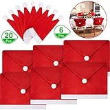 26 Pieces Christmas Santa Hat Covers, Include 6 Pieces Santa Hat Chair Covers Chair Back Covers and 20 Pieces Santa Hats Silverware Holders Wine Bottle Cover for Xmas Festive Party Table Decoration