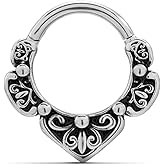 PUNKYOUTH 16G Septum Nose Ring Clicker Hoop 316L Surgical Steel Hinged Gothic Vintage Floral Style Earrings Piercing Jewelry for Nose Helix Rook Tragus 8mm Diameter