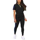 BNGPIKLY Women's 2 Piece Outfits Sweatsuit Summer Workout Striped Short Sleeve Long Sweatpants Casual Jogging Lounge Set