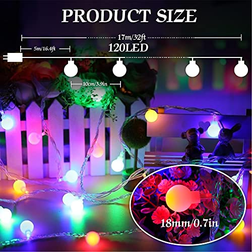 120led Lichterkette Kugeln, 17M Lichterkette Außen Bunt, Partylichterkette mit Stecker für Innen und Außen, 8 Modi und Merk Funktion, Ideale Party deko, Kinderzimmer, Balkon, Weihnachtsbeleuchtung