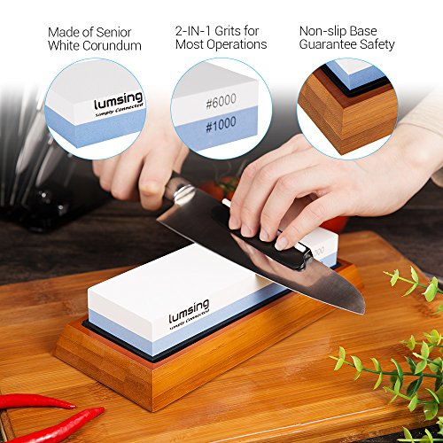 Lumsing Sharpening Stone, Knife Sharpener, Sharpener Knife Stone, Whetstone Sharpener with Non-Slip Bamboo Base & Angle Guide, 1000/6000