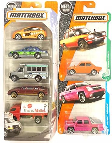 Matchbox 2016 "CITY- 5-PACK" : Mazda 2, Ford Crown Victoria Taxi, GMC School Bus , Limousine &amp; Billboard Truck &amp; BONUS: Matchbox CHEVY AVALANCHE &amp; DATSUN 510 RALLY