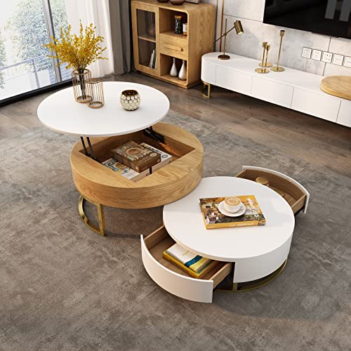 Pucloce Lift Top Coffee Table with Hidden Compartment White Round