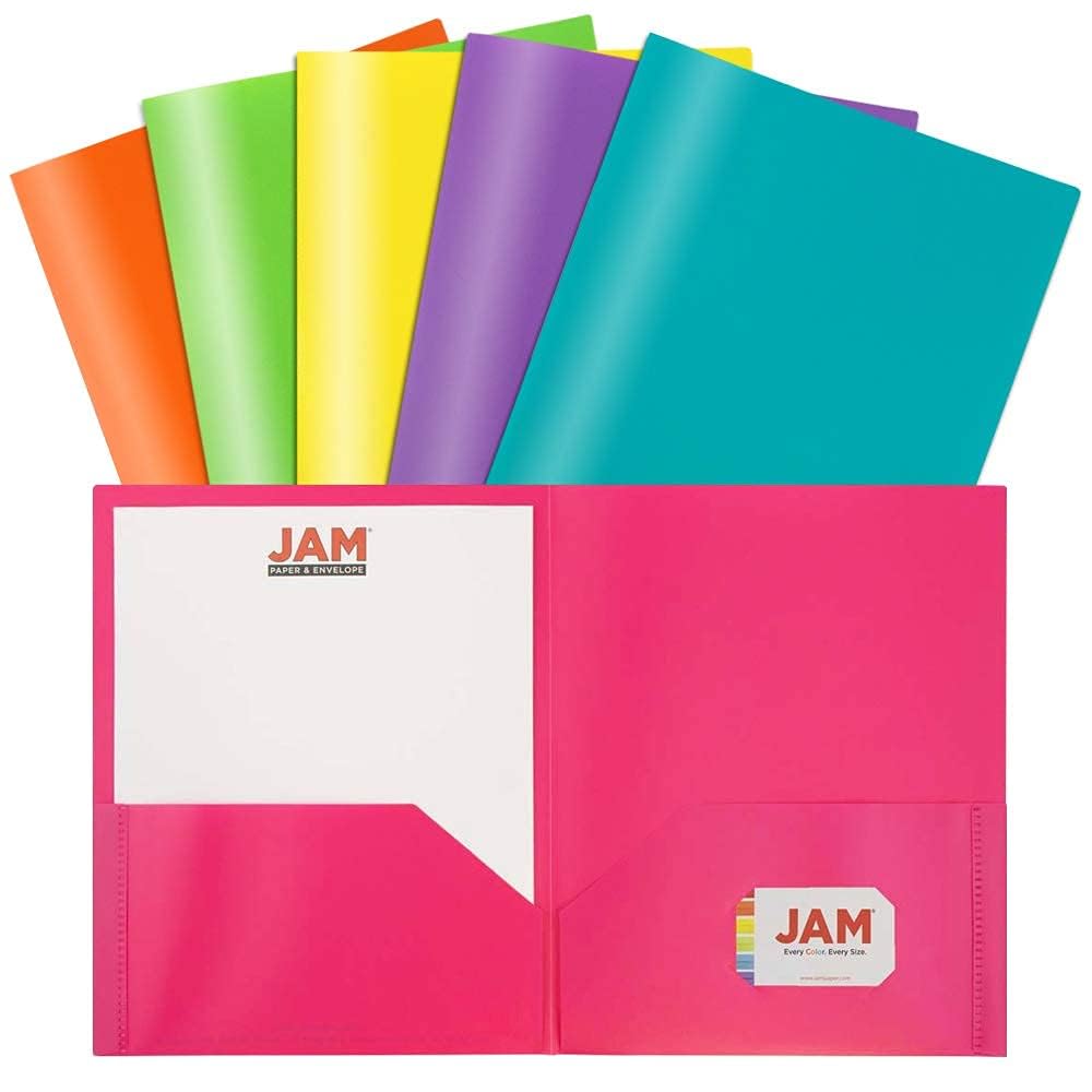 JAM PAPER Plastic 2 Pocket School POP Folders - Assorted Fashion Colors - 6/Pack