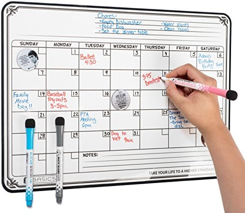 #1 DRY ERASE MAGNETIC CALENDAR SET/ 1st BASICS Large Monthly Fridge Calendar With 3 Fine Dry Erase Markers &amp; Eraser, 1 Grocery List Organizer, 6 Refrigerator Magnets, Best Calendar Planner