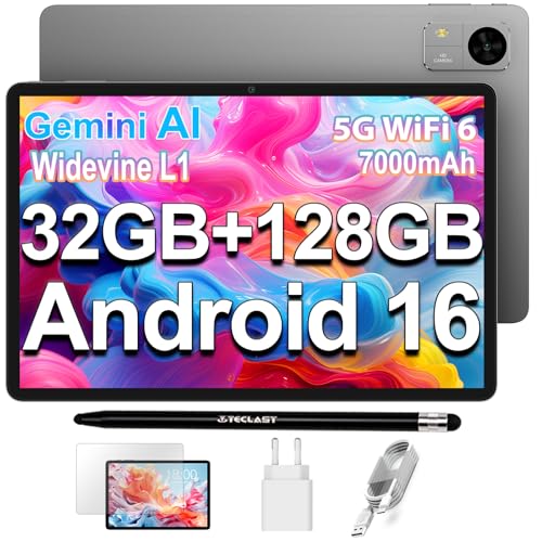 TECLAST M50T Android 16 Tablet 10.1 Inch Gemini AI, 2GHz Octa-Core, 32GB RAM+128GB ROM+5TB TF, 7000mAh, 2.4G+5G WiFi, GMS Widevine L1, Bluetooth 5.4, 13MP, Face ID/3.5MM/OTG, 2026 Tablets with Pen