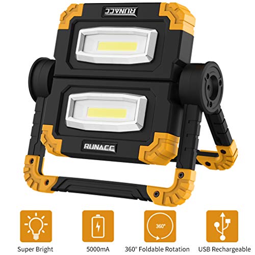 RUNACC LED Work Light USB Rechargeable Folding Portable Waterproof 2 COB 2000LM Flood Light Stand Working Lights for Outdoor Camping Hiking Emergency Car Repairing and Job Site Lighting, 360°Rotation