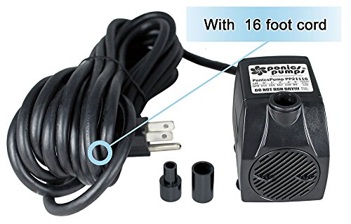 PonicsPump PP21116: 211 GPH Submersible Pump with 16' Cord - 16W… for Hydroponics, Aquaponics, Fountains, Ponds, Statuary, Aquariums & more. Comes with 1 year limited warranty.