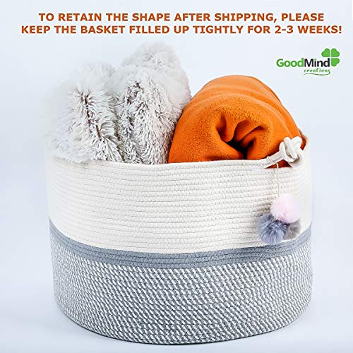Extra Large Cotton Rope Basket 21.7"x21.7"x13.8" Soft and Safe for Kid's Room Laundry Hamper Storage Organizing Bag for Baby Clothes and Blankets, Kids Toys. Grey Nursery Woven Bin Home Decor Baskets.