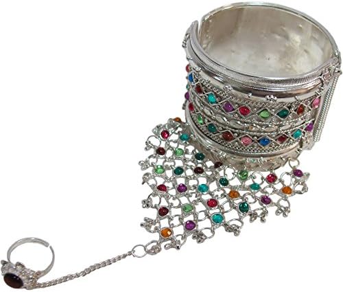 Indian Traditional Gypsy Belly Dance Cuff Slave Chain with Ring Bracelet (Silver Toned)