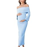 CYCLAMEN Off The Shoulder Bell Sleeves Maternity Dress Ruched Bodycon Maxi Cute Pregnancy Dresses Baby Shower Photoshoot
