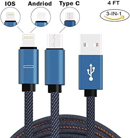 Multi USB Charging Cable,4 Ft 3 in 1 (Type C/Lighting/Micro) Multiple USB Fast Charging &amp; Data Transfer or Sync Cord 1 for Type C Devices,2 in 1 Share Same Port for Apple and Andriod(Denim Blue)