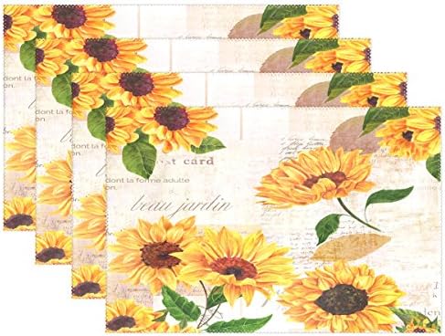 QQMARKET Heat Resistant Placemats for Kitchen Table Mats for Dinning Room,Hand Drawn Vibrant Yellow Watercolor Sunflowers Non Slip Placemat 12x18 inch Set of 4