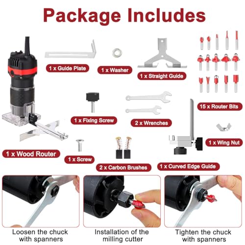 Wood Router 800W Compact Electric Trimmer Laminate 30000r/min, Wood Router with 15pcs Milling Cutter Edge Guides 1/4" 6.35mm Hand Palm Woodwork Machine Joiner Tool for DIY Slotting Trimming Handicraft