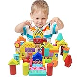 NEOWOWS 121 Pieces Wooden Building Blocks Shape Sort Alphabet Number Stacking Games Wood Blocks Construction Toys Includes 41 Pieces Dominoes with Carrying Bag Educational Toys for Kids