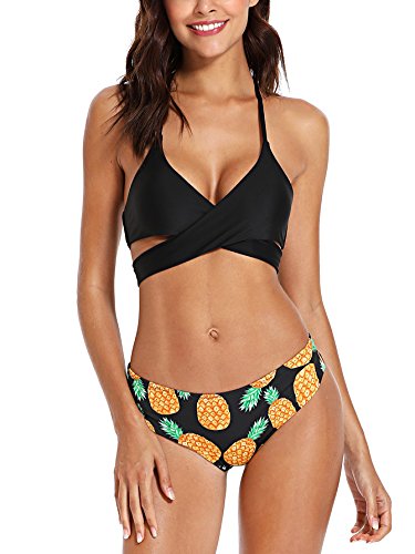 SOLYHUX Women's Floral Halter Wrap Knotted Back Bikini Set Black M - Thumbnail 2