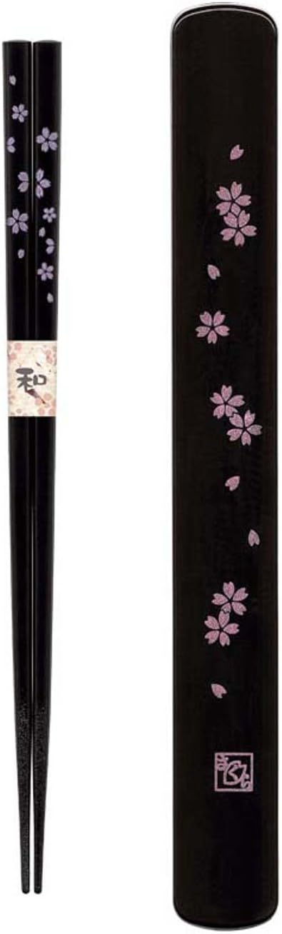 Happy Sales HSKS7/B, Travel Chopstick with Case, Black Pink Sakura Cherry Blossom