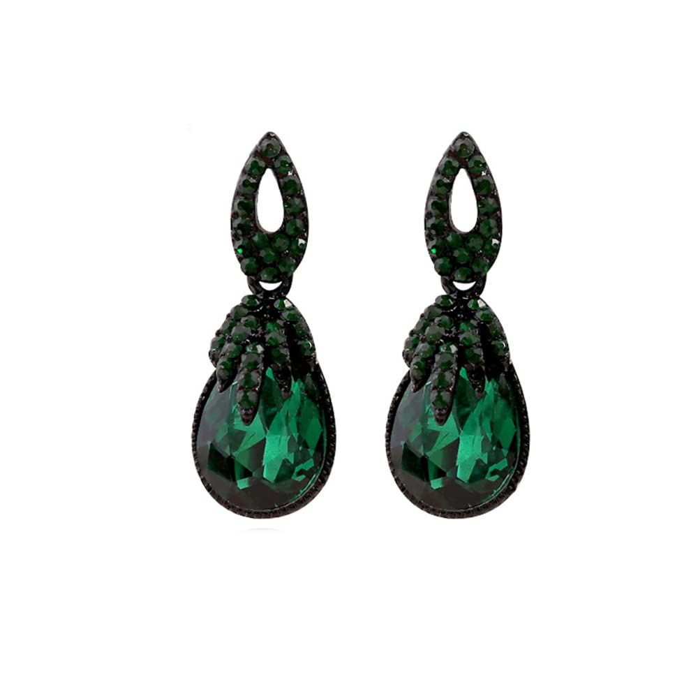 Vintage Rhinestone Dangle Earrings for Women Girls Dark Green Teardrop Crystal Drop Statement Huggie Studs Retro Boho Earring Luxury Birthday Wedding Party Jewelry