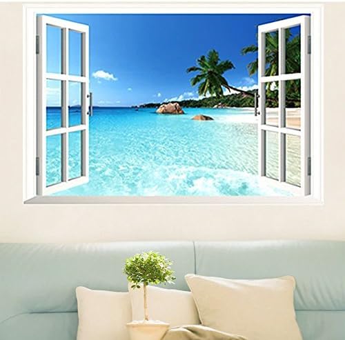 Shusam Large Removable Beach Sea 3D Window View Scenery Wall Sticker Decor Decals