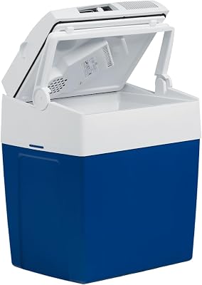 ME27 elektrische Kühlbox, 12V und 230V, 26L, blau - Mini-Kühlschrank für Auto, Camping, Urlaub, Boot, Festivals - leicht, tragbar, mit praktischem Kabelfach und Eco/Max Modus