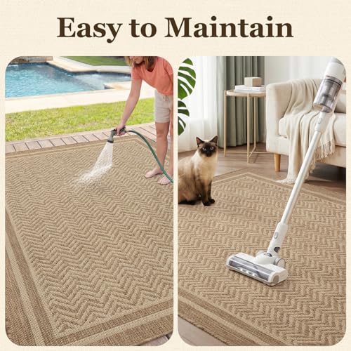 Outdoor Rug-Patio Rug Boho Polypropylene Indoor Outdoor Rug for Porch Balcony Patio Outdoor Area Rug Durable Outdoor Carpet Living Room Mat, Frame Brown 7.9x10 ft