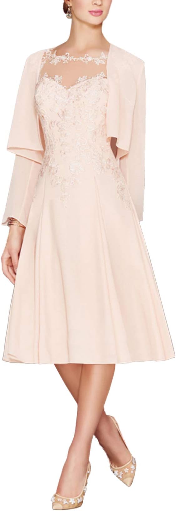 LANSITINA Women’s Tea Length Chiffon Mother of The Bride Dresses with Jacket(Pearl Pink,24)