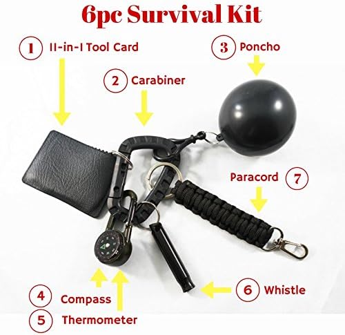 Compact Outdoor Emergency Survival Tool Kit for Camping and Explorers, 7 Tools, includes Paracord, Carabiner, 11-function Tool Card, Waterproof Poncho, Emergency Hiking Whistle, Compass, Thermometer