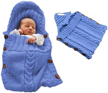 Colorful Newborn Baby Wrap Swaddle Blanket, Comwinn Baby Kids Toddler Wool Knit Blanket Swaddle Sleeping Bag Sleep Sack Stroller Wrap for 0-12 Month Baby (small, Blue)