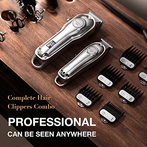 SUPRENT Professional Hair Clipper for Men-Zero Gap T-Blade Hair Cutting Kit Cordless Barber Trimmer Set with LED Display (Silver)