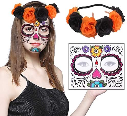 Silence Shopping Day of The Dead Halloween Temporary Face Sugar Tattoos and Rose Flower Hair Garland Headband Set for Women (Orange)