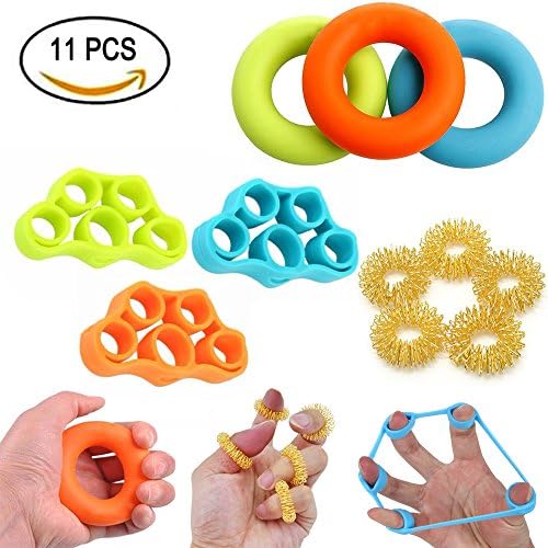 Hand Grip Strengthener Rings, Spiky Sensory Finger Acupressure Rings, Finger Stretcher Excercisers(11 in I Set) with Beauty Bag
