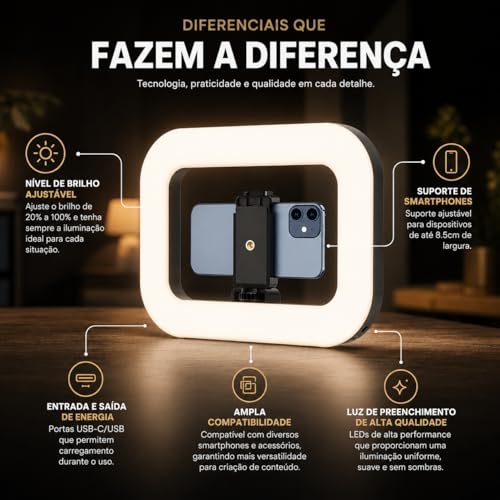 Iluminação Selfie Luz LED Ring Light Estabilizador com Suporte Celular Universal Com Luz De Selfie Youtuber Gravação Fotos Makes Linha Super Premium