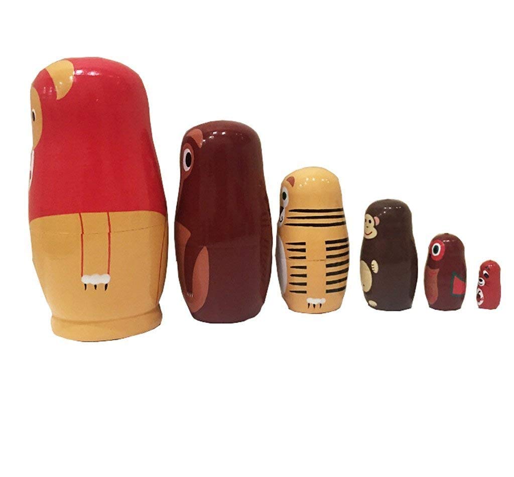 Cute Cartoon Lion Wolf Tiger Monkey Owl Squirrel Forest Animal Russian Nesting Dolls Matryoshka Doll Set 6 Pieces Handmade Kids Gifts Toy Home Decoration