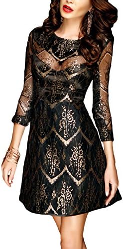 METERDE Women's Sheer Lace Overlay Party Club Mini Skater Dres Gold/Black M 
