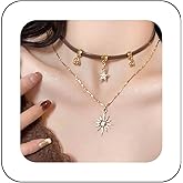 Andelaisi Boho Layered Starburst Pendant Necklace Vintage Crystal Star Dangle Necklace Brown Leather Sunburst Choker Necklace Adjustable Celestial Star Chain Necklace Jewelry for Women