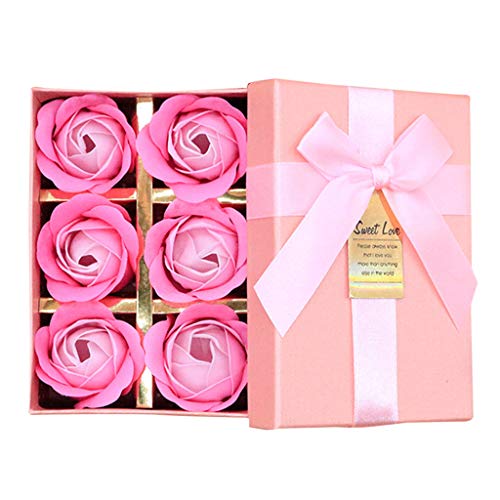 6Pcs Rose Petal Soaps Scented + Favor Gift Boxes for Valentine Wedding Birthday Gifts Party Decorations Supplies (Pink)