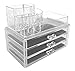 Sodynee Acrylic Makeup Organizer Cosmetic Organizer Jewelry and Cosmetic Storage Display Boxes Two Pieces Set(3 Drawer Makeup Storage + Lipstick Liner Brush Holder)