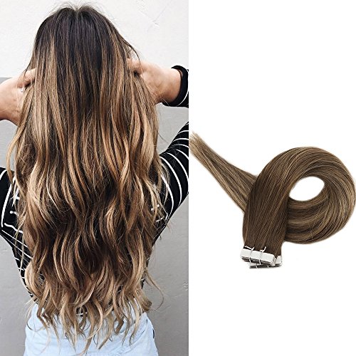 Full Shine 18 inch Thick Human Hair Tape Extensions Ombre Balayage Highlight Extensions Color #3 Fading to #24 Blonde With #3 From Start to The End of The Ombre Tape in Hair Extensions 20Pcs 50 Gram