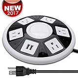 FlePow UFO Shape USB Power Strip 5AC Plugs and 2 USB 110V-250V 10A-13A 2500W-3000W Overload Protection 1A/2.1A(total 3.1A) 5V USB Interface Charge Power Surge Protector Usb Outlet Power Strips