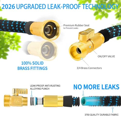 50 ft Expandable Garden Hose with 10 Spray Nozzle - Heavy Duty Superior Strength 3750D - 4 -Layer Latex Core - Expanding Water hoses - Extra Strong Brass Connectors/Storage Bag