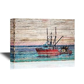 Canvas Wall Art - Fishing Vessel on Wood Style Background - Gallery Wrap Modern Home Art | Ready to Hang - 12x18 inches