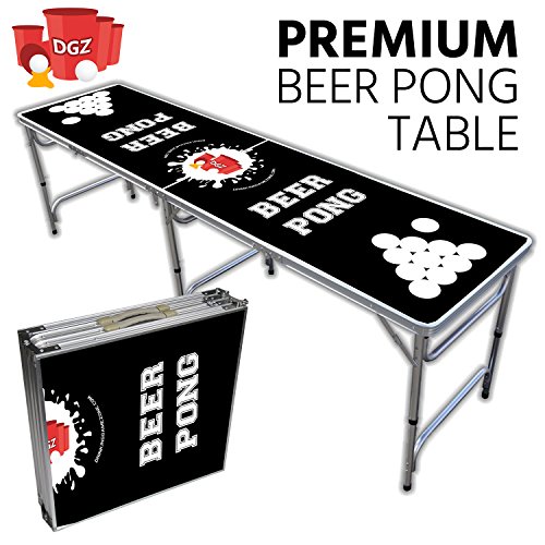 Drinking Game Zone Portable Folding Beer Pong Table â€“ 8 Foot & Easy Fold up w/Adjustable Height â€“ Professional Cup Holes Outline Black Design â€“ Perfect for Tailgates BP Parties Flip Cup By