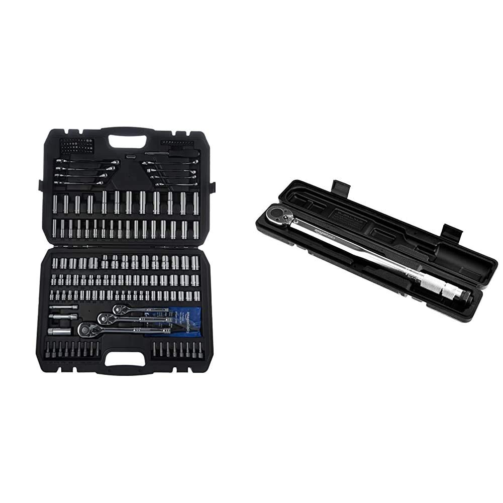 Amazon Basics Socket Set (201 Piece) & 1/2-Inch Drive Click Torque Wrench - 20-150 ft.-lb, 27.1-203.5 Nm