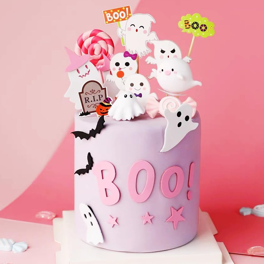 Photo 1 of 24 PCS Boo Haunted Cake Decor Ghost Cake Topper Halloween Party Supplies Ghost Party Decoration Halloween Ghost Decorations